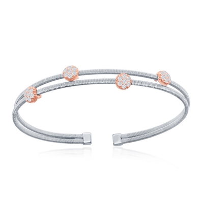 Sterling Silver Wire Designer Bangle, Set with CZ, Bonded with 14K Rose Gold, MADE IN ITALY