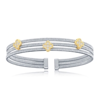 Sterling Silver Flower CZ Design Triple Wire Bangle, Bonded with 14K Gold Plating