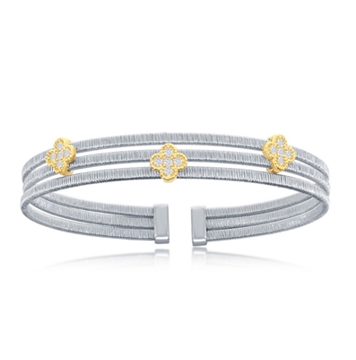 Sterling Silver Flower CZ Design Triple Wire Bangle, Bonded with 14K Gold Plating