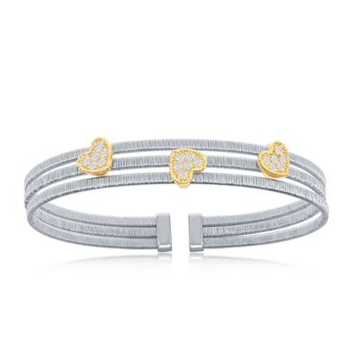 Sterling Silver CZ Heart Triple Wire Bangle, Bonded with 14K Gold Plating