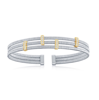 Sterling Silver CZ Bars Triple Wire Bangle, Bonded with 14K Gold Plating