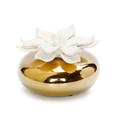 Gold Circular Diffuser With Dimensional White Flower, â€œIris And Roseâ€ Aroma