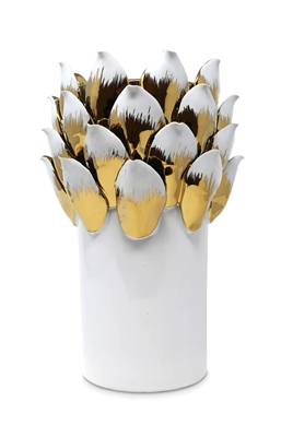 White Vase With Gold And White Petals