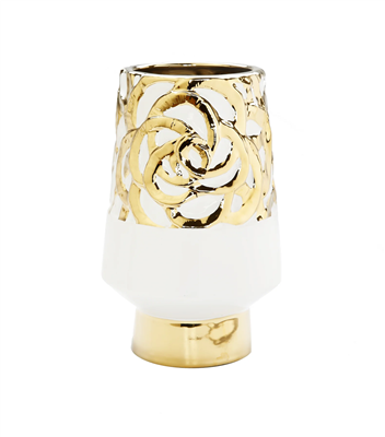 11"H White Ceramic Vase With Gold Design