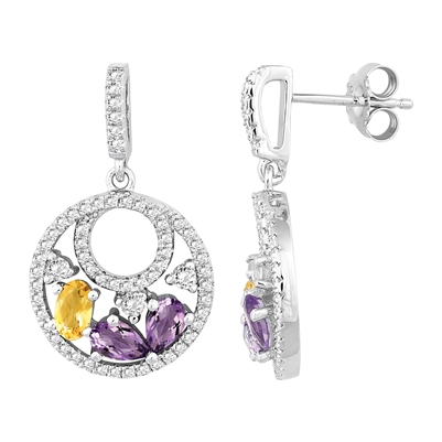 Bellissima Sterling Silver Pear Amethyst and Oval Citrine Earrings