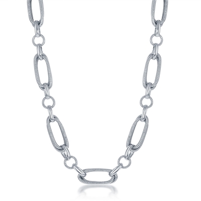 Sterling Silver Rope Designed Oval and Polished Circle Linked Necklace