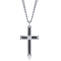 Stainless Steel Polished and Black Wire Cross Pendent W/Chain