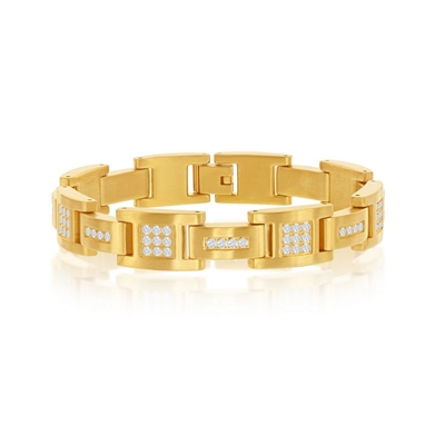 Stainless Steel Matte Gold Plated CZ Link Bracelet