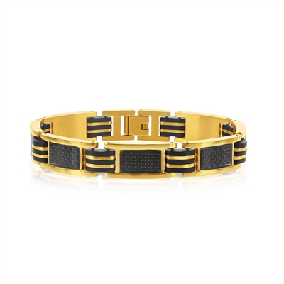 Stainless Steel Black Rubber and Gold Plated w/ Carbon Fiber Bracelet
