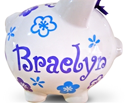 Purple Aqua Flowers piggy bank