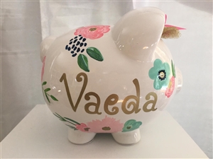 Shabby Chic pink gold flowers piggy bank