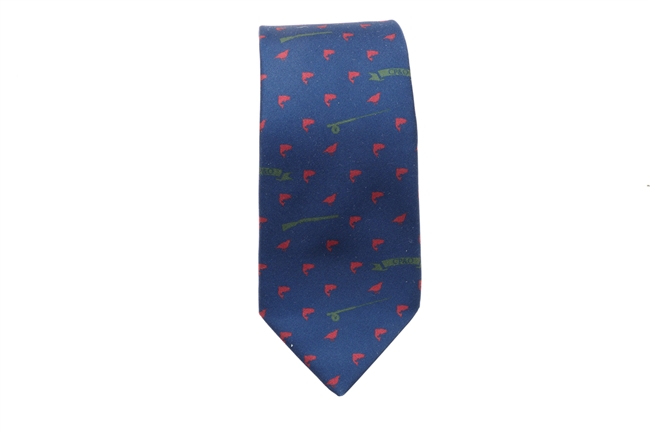 Necktie - Blue with Print Pattern of Fish, Fly Rods and Shotguns