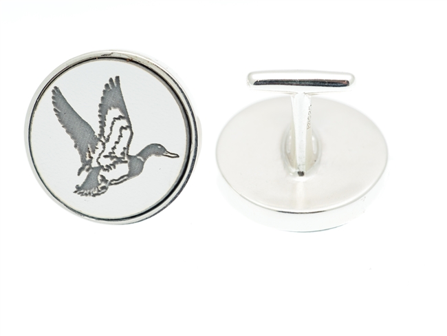 Men's sterling silver cufflinks engraved with mallard in flight.