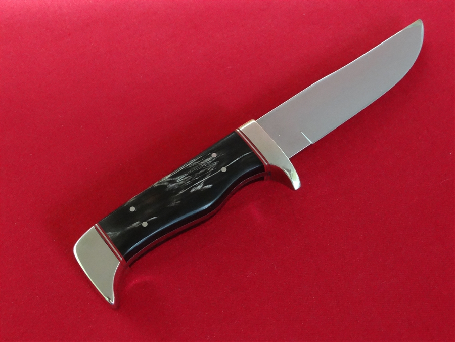 Water Buffalo Horn Skinner Knife with Silver Pins, Guard, Pommel