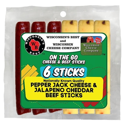6 oz. Six Sticks Pepper Jack Cheese and Jalapeno Cheddar Beef Stick Pack