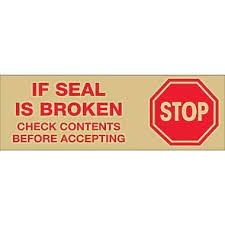 TAPE, PRINTED "STOP IF SEAL IS BROKEN", 2" X 110 YD, 36/CS, TAN/RED