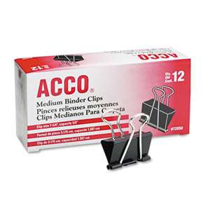 ACCO BRANDS, INC. Medium Binder Clips, Steel Wire, 5/8" Cap, 1 1/4"w, Black/Silver, Dozen