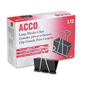 ACCO BRANDS, INC. Large Binder Clips, Steel Wire, 1 1/16" Cap, 2"w, Black/Silver, Dozen