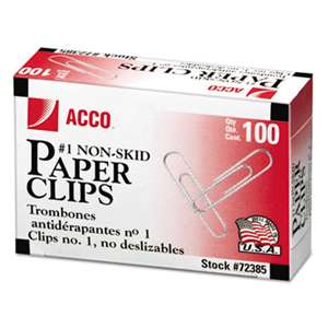 ACCO BRANDS, INC. Nonskid Standard Paper Clips, #1, Silver, 100/Box, 10 Boxes/Pack