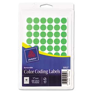 AVERY-DENNISON Handwrite Only Removable Round Color-Coding Labels, 1/2" dia, Neon Green, 840/PK