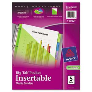 AVERY-DENNISON Insertable Big Tab Plastic Dividers w/Single Pockets, 5-Tab, 11 1/8 x 9 1/4