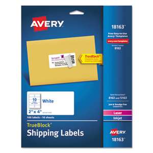 AVERY-DENNISON Shipping Labels with TrueBlock Technology, Inkjet, 2 x 4, White, 100/Pack