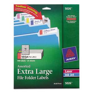 AVERY-DENNISON X-Large 1/3-Cut File Folder Labels w/TrueBlock, 15/16 x 3 7/16, WE/ASST, 450/PK