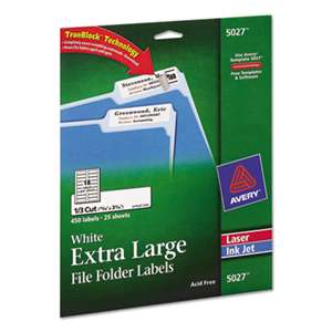 AVERY-DENNISON X-Large 1/3-Cut File Folder Labels w/TrueBlock, 15/16 x 3 7/16, White, 450/Pack