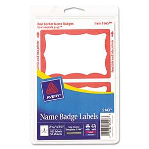 AVERY-DENNISON Printable Self-Adhesive Name Badges, 2-11/32 x 3-3/8, Red Border, 100/Pack