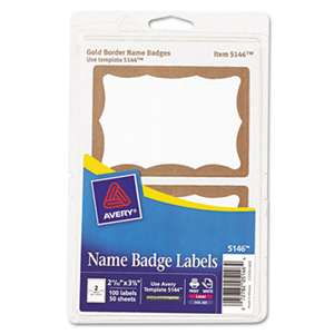 AVERY-DENNISON Printable Self-Adhesive Name Badges, 2-11/32 x 3-3/8, Gold Border, 100/Pack