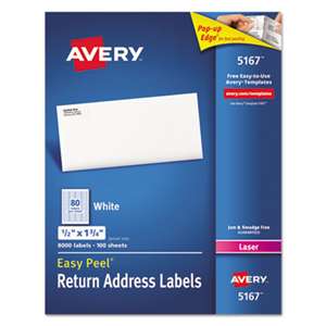 AVERY-DENNISON Easy Peel Return Address Labels, Laser, 1/2 x 1 3/4, White, 8000/Box