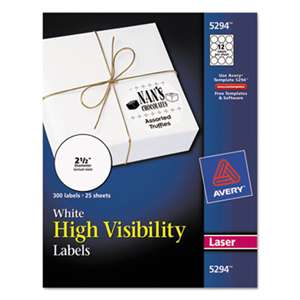 AVERY-DENNISON High-Visibility Round Permanent ID Labels, Laser, 2 1/2 dia, White, 300/Pack