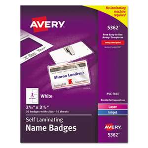 AVERY-DENNISON Self-Laminating Laser/Inkjet Printer Badges, 2 1/4 x 3 1/2, White, 30/Box
