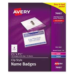 AVERY-DENNISON Badge Holder Kit w/Laser/Inkjet Insert, Top Load, 2 1/4 x 3 1/2, White, 100/BX