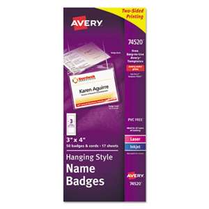 AVERY-DENNISON Neck Hang Badge Holder w/Laser/Inkjet Insert, Top Load, 3 x 4, White, 50/BX