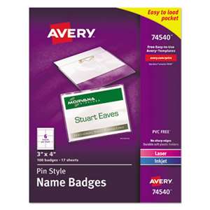 AVERY-DENNISON Badge Holder Kit w/Laser/Inkjet Insert, Top Load, 3 x 4, White, 100/Box