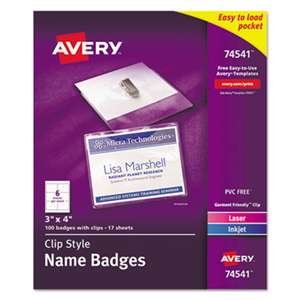 AVERY-DENNISON Badge Holder Kit w/Laser/Inkjet Insert, Top Load, 3 x 4, White, 100/Box