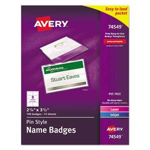 AVERY-DENNISON Badge Holder Kit w/Laser/Inkjet Insert, Top Load, 2 1/4 x 3 1/2, White, 100/BX