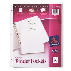 AVERY-DENNISON Binder Pockets, 3-Hole Punched, 9 1/4 x 11, Clear, 5/Pack