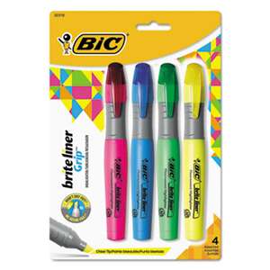 BIC CORP. Brite Liner Grip Highlighter, Chisel Tip, Assorted Colors, 4/Set