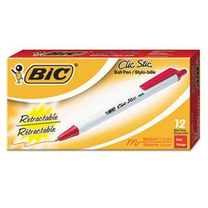 BIC CORP. Clic Stic Retractable Ballpoint Pen, Red Ink, 1mm, Medium, Dozen