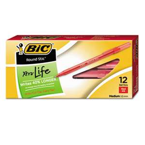 BIC CORP. Round Stic Xtra Precision & Xtra Life Ballpoint Pen, Red Ink, 1mm, Medium, Dozen