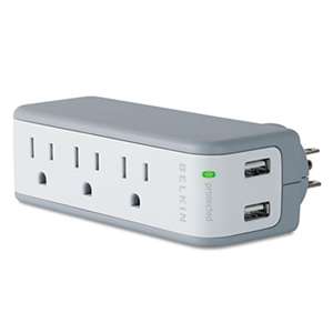 BELKIN COMPONENTS Wall Mount Surge Protector with USB Charger, 3 Outlets, 918 Joules, Gray/White