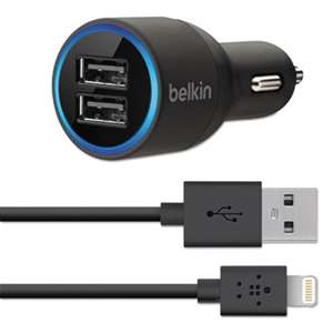 Belkin F8J071BT04 Dual Car Charger, Two 2.1 Amp Ports, Detachable Lightning Cable