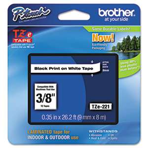 Brother P-Touch TZE221 TZe Standard Adhesive Laminated Labeling Tape, 3/8w, Black on White