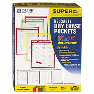 C-LINE PRODUCTS, INC Reusable Dry Erase Pockets, 9 x 12, Assorted Neon Colors, 25/Box