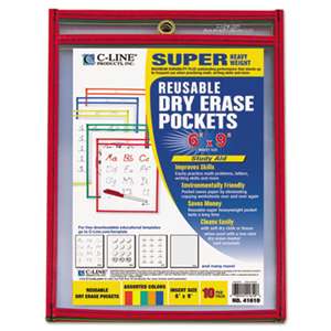 C-LINE PRODUCTS, INC Reusable Dry Erase Pockets, 6 x 9, Assorted Primary Colors, 10/Pack