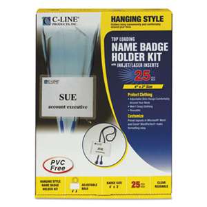 C-LINE PRODUCTS, INC Name Badge Kits, Top Load, 4 x 3, White, Blue Bolo Cord, 25/Box