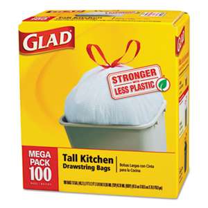 CLOROX SALES CO. Tall Kitchen Drawstring Bags, 24 x 27 3/8, 13gal, .95mil, White, 100/Box, 4/CT