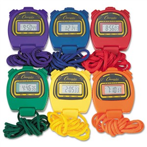 CHAMPION SPORT Water-Resistant Stopwatches, 1/100 Second, Assorted Colors, 6/Set